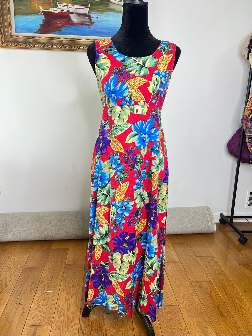 Vintage Bright Red Floral Maxi Dress - Sleeveless Tropical Print